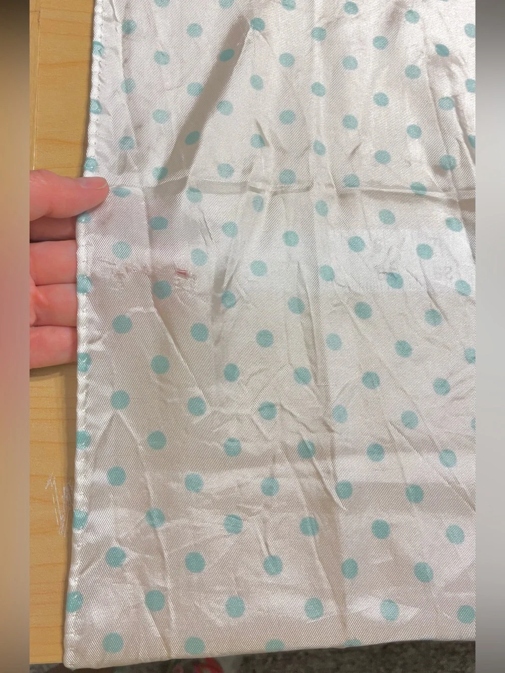 50s Polka Dot Satin Rectangular Scarf 42”L White & Aqua Vintage